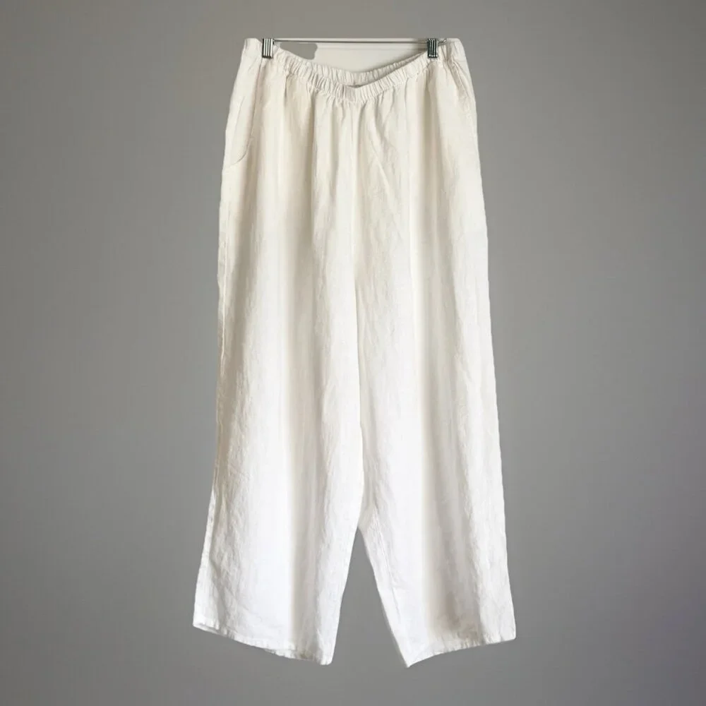 FLAX Linen Crop Pull-On Wide Leg Pants Office White Size 1G Coastal Lagenlook
